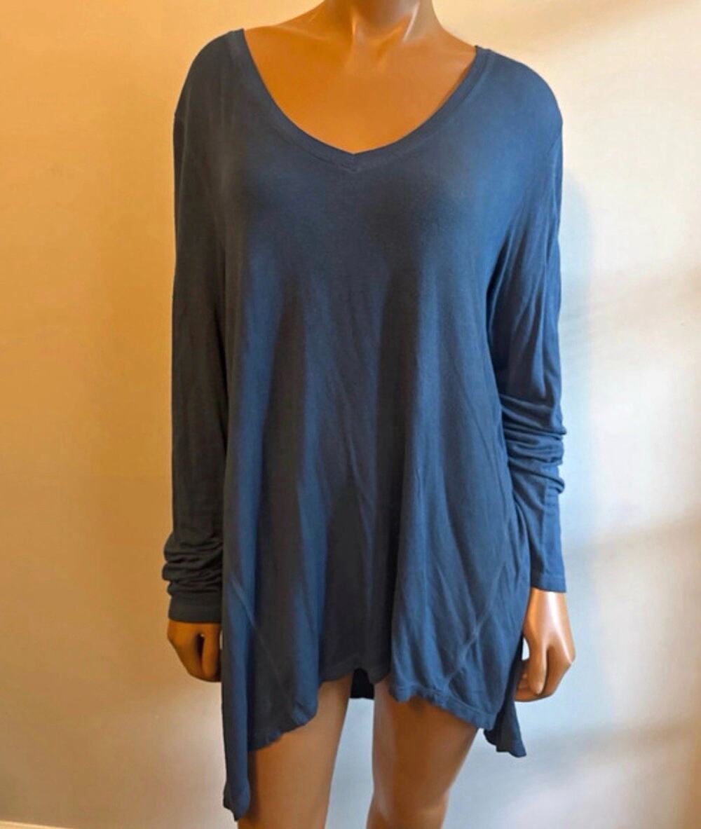 Soft Surroundings Blue Solid V-Neck Knit Pullover Top Long Sleeve Women L